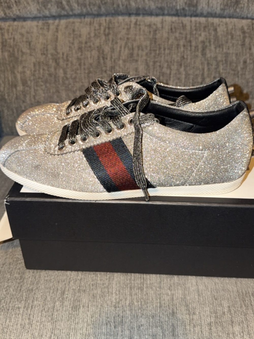 Gucci Silver Glitter Sneakers with Red and Blue Web Stripe - Picture 4 of 6